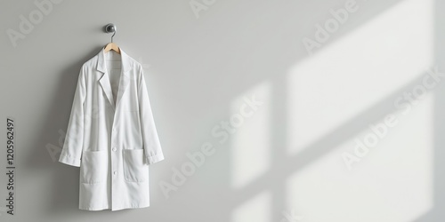 White lab coat hanging on minimalist wall with soft light and shadows