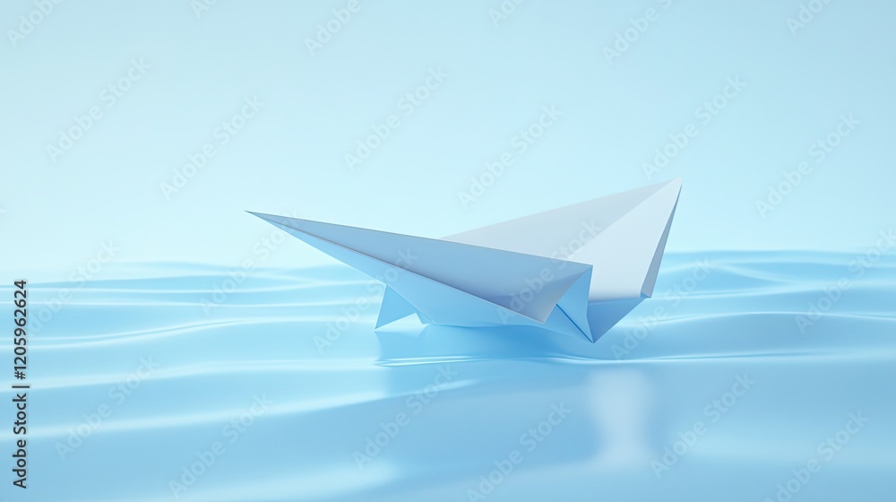 Paper boat floats on calm blue water Paper boat floats on calm blue water