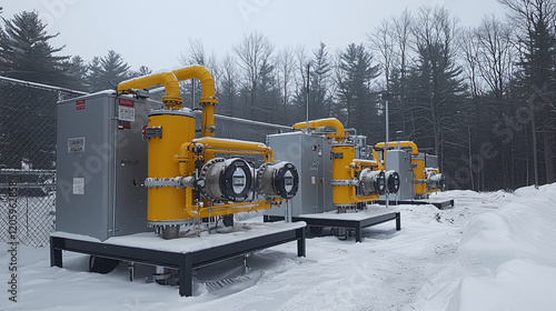 Wide view of a natural gas facility with large pressure regulators and piping systems photo