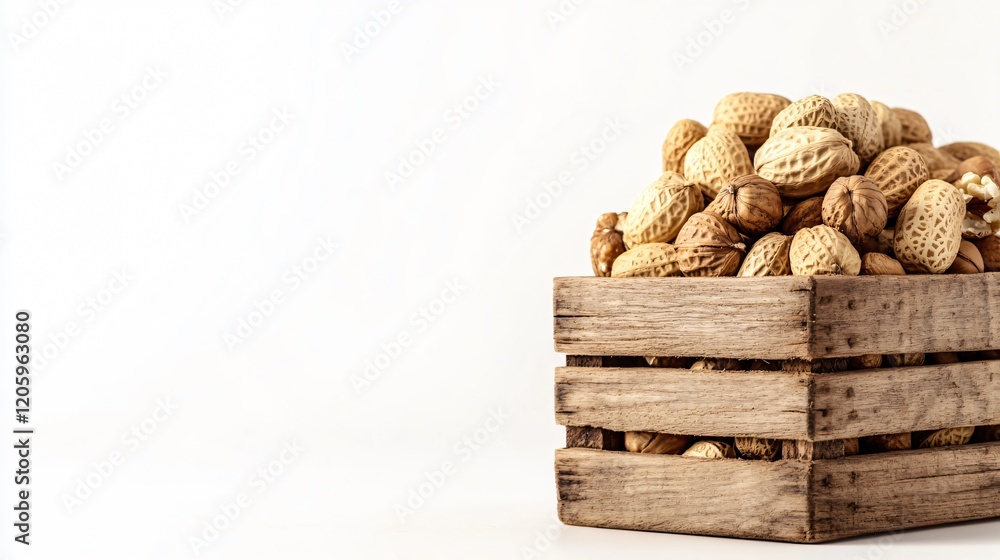 Shelled and unshelled mixed nuts in a small wooden crate, isolated on a white background Shelled and unshelled mixed nuts in a small wooden crate, isolated on a white background