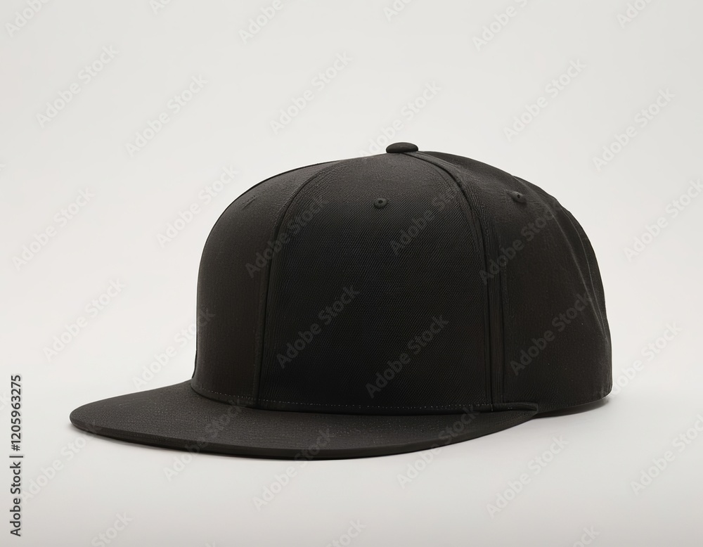 Fototapeta premium Stylish black snapback cap shown at an angle against a light background.