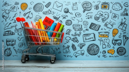 A colorful shopping cart filled with books against a doodle-covered wall, symbolizing education and creativity.