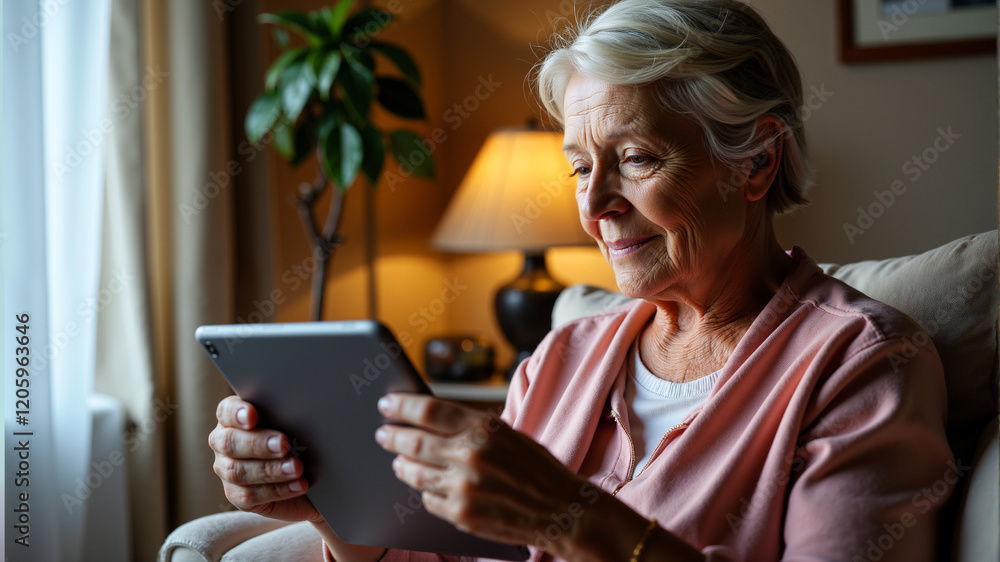 Senior woman enjoying tablet while relaxing in cozy living room, technology adoption for elderly and digital connection concept Senior woman enjoying tablet while relaxing in cozy living room, technology adoption for elderly and digital connection concept