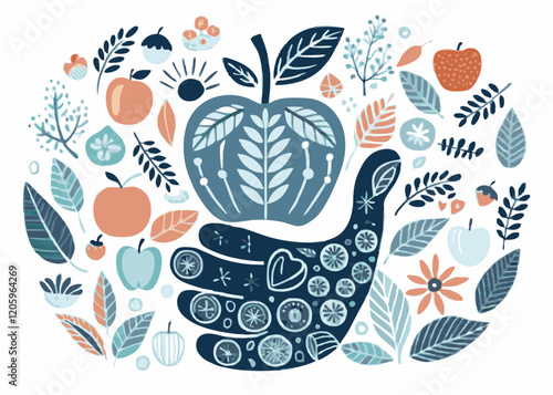 Hand holding apple. Vector engraving illustration for web, poster colorful pattern design