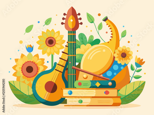 Vasant Panchami Festival with Veena Instrument and Floral Decorations