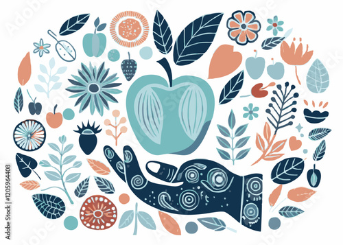 Hand holding apple. Vector engraving illustration for web, poster colorful pattern design