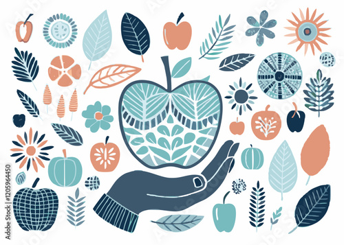 Hand holding apple. Vector engraving illustration for web, poster colorful pattern design