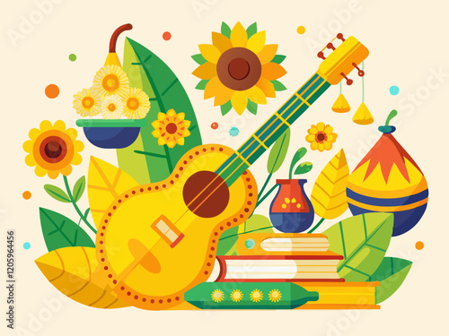 Vasant Panchami Festival with Veena Instrument and Floral Decorations
