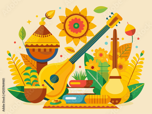 Vasant Panchami Festival with Veena Instrument and Floral Decorations