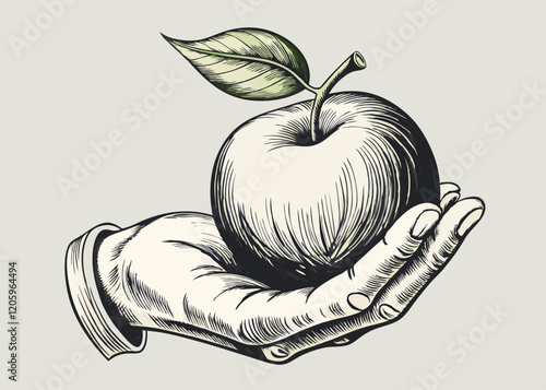 Human hand with apple drawn in engraving vintage sketch style