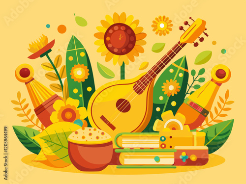 Vasant Panchami Festival with Veena Instrument and Floral Decorations