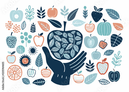 Hand holding apple. Vector engraving illustration for web, poster colorful pattern design