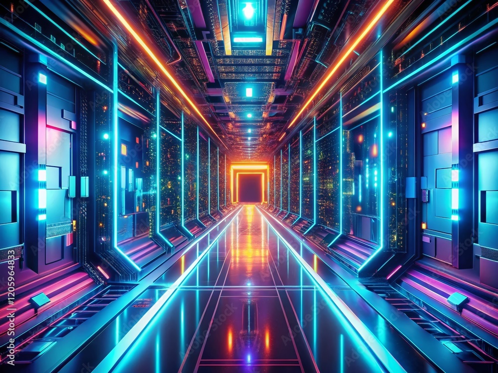 Fototapeta premium Futuristic Corridor: Glowing Lines & Circuit Board Background - Sci-Fi Stock Photo