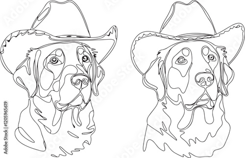 Golden Retriever in Cowboy Hat Line Art silhouette Illustration for Coloring | Line art drawing of a golden retriever dog wearing a cowboy hat, perfect for coloring books or creative projects.