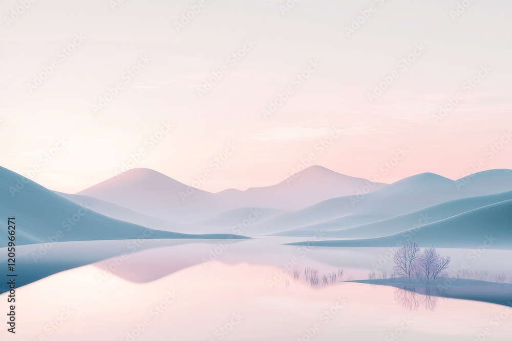 Fototapeta premium A calm river flows through the center with subtle reflections of the surrounding mountains