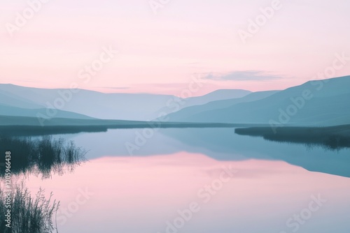 A calm river flows through the center with subtle reflections of the surrounding mountains