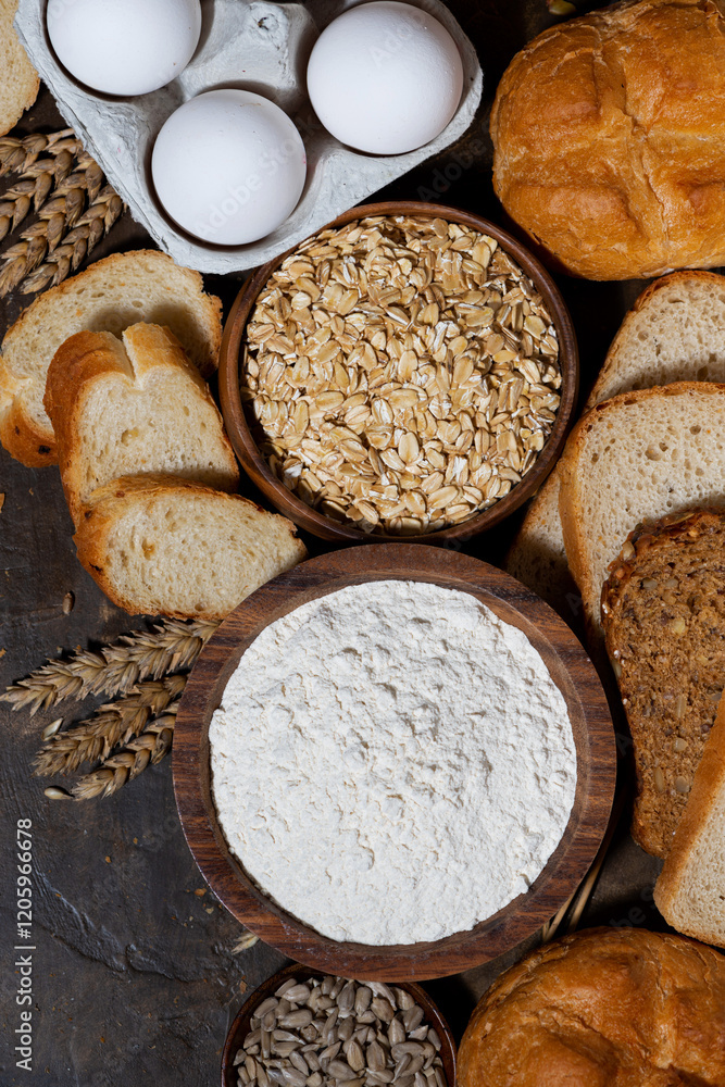 Naklejka premium fresh bread and assortment of baked goods on dark background, vertical top view