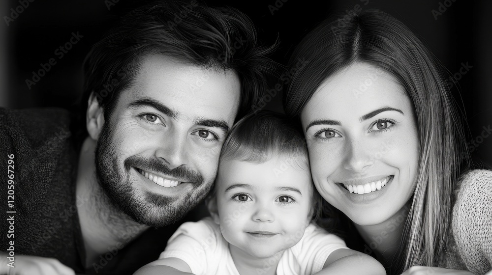 A happy family portrait featuring a smiling couple with their adorable baby. A happy family portrait featuring a smiling couple with their adorable baby.