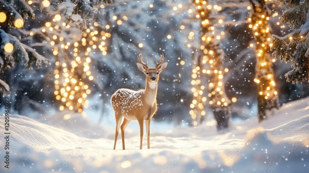 A serene winter scene featuring a lone deer with antlers standing in a snowy forest. A serene winter scene featuring a lone deer with antlers standing in a snowy forest.