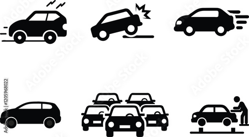 Different type of cars flat vector icon. Car Speed, Accident, Accelerate, Repair, Traffic jam icon illustration.