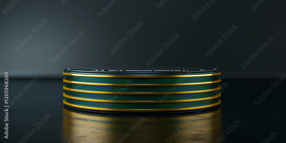 Stack of green and yellow plates on a reflective surface against a dark background Stack of green and yellow plates on a reflective surface against a dark background