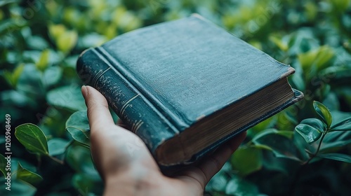 A Hand Holding an Antique Book Amidst Lush Greenery photo