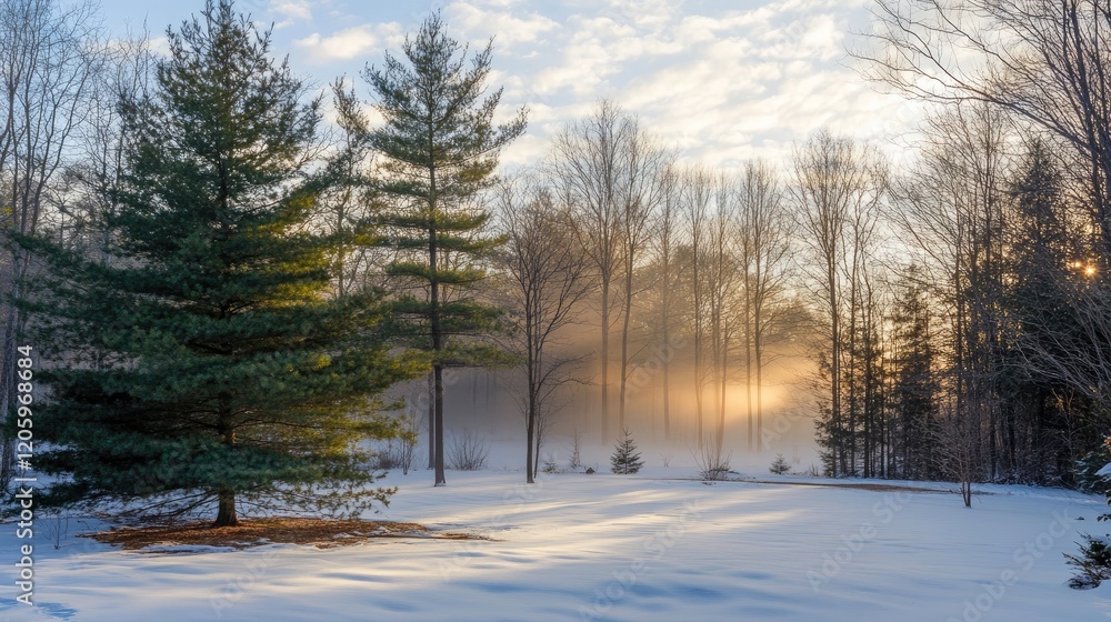 Winter sunrise scene with snow covered ground and trees Winter sunrise scene with snow covered ground and trees