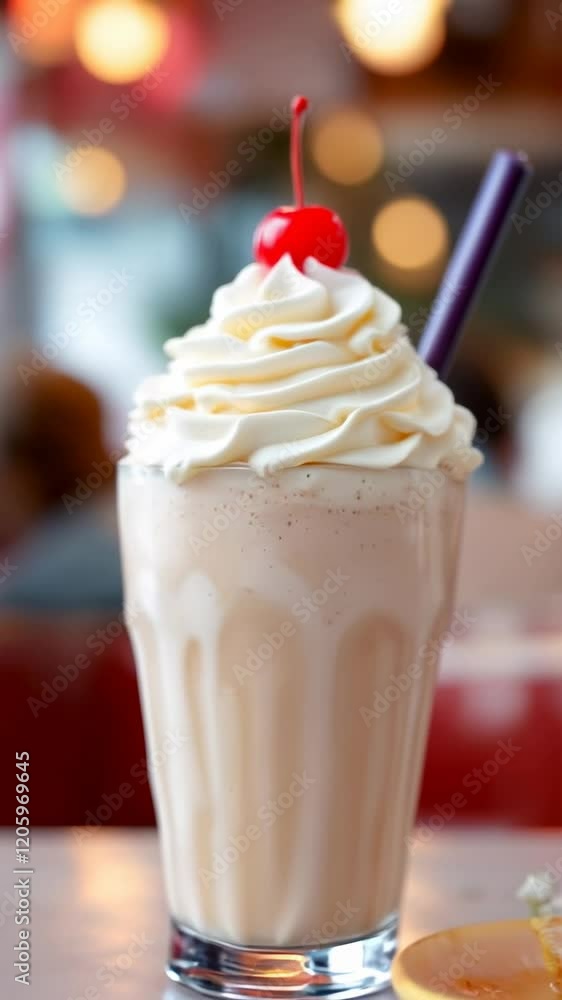 Creamy Milkshake with Whipped Cream and Cherry in Diner Setting Creamy Milkshake with Whipped Cream and Cherry in Diner Setting