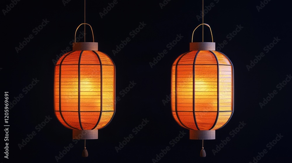 Illuminated Asian Lanterns: A Pair of Glowing Orange Lanterns Against a Dark Background Illuminated Asian Lanterns: A Pair of Glowing Orange Lanterns Against a Dark Background
