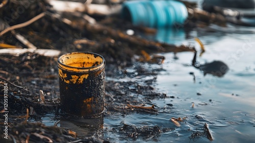 Dirty Oil Contaminated Plastic Container Environmental Pollution Waste Water Disaster Ecology sea land soil dark trash spill toxic earth ocean river shore beach photo