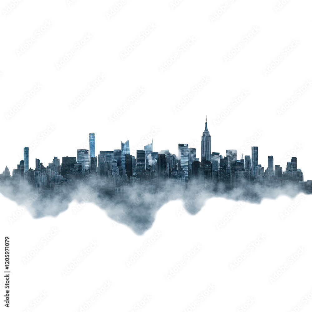 Obraz premium A stunning skyline shrouded in mist, showcasing urban architecture and iconic buildings. transparent background