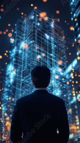 Businessman looking at holographic projection of building under construction, concept of innovation, technology and future of architecture