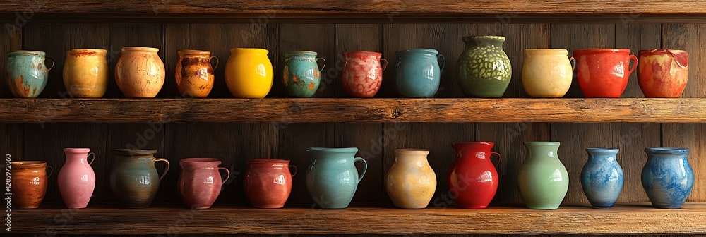 Colorful handmade pottery displayed on a wooden shelf with natural lighting Colorful handmade pottery displayed on a wooden shelf with natural lighting