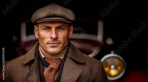 A close-up portrait of a man in a brown overcoat and newsboy cap, with the headlight of a vintage car visible behind him, capturing a nostalgic feel photo