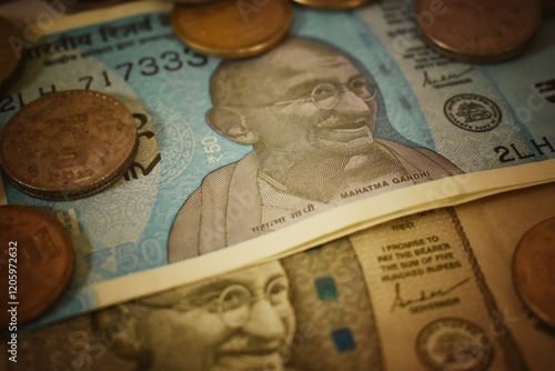 Indian currency notes and coins.Business and finance.Business and finance