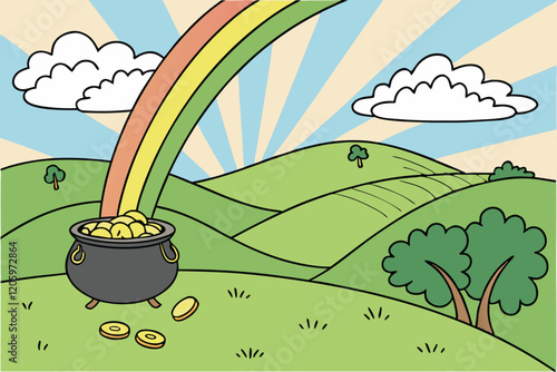 Pot of gold, rainbow, vibrant landscape, rolling green hills, fluffy white clouds, blue sky, golden coins, four-leaf clovers, magical atmosphere