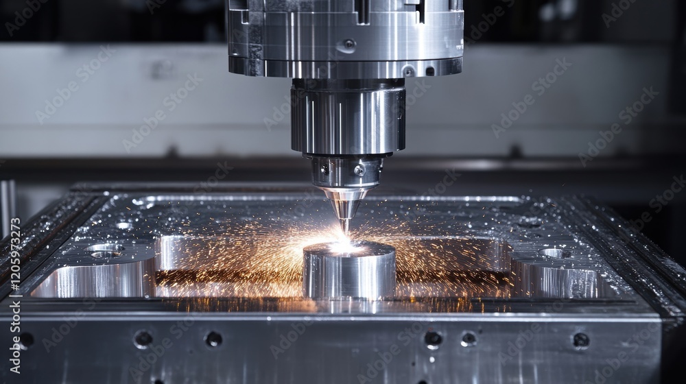Metalworking cnc milling machine creating sparks while drilling a metal workpiece, showcasing precision and advanced manufacturing technology Metalworking cnc milling machine creating sparks while drilling a metal workpiece, showcasing precision and advanced manufacturing technology