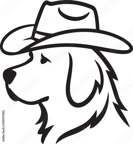 Black and White Illustration of a Dog Wearing a Cowboy Hat