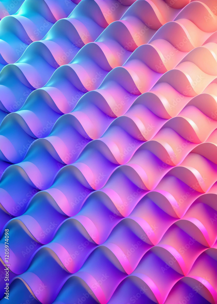 A series of undulating waves create a pattern of repeating curves filled with a gradient of colors ranging from blues to pinks.The smooth, rippling effect evokes a sense of fluid motion and harmony.AI A series of undulating waves create a pattern of repeating curves filled with a gradient of colors ranging from blues to pinks.The smooth, rippling effect evokes a sense of fluid motion and harmony.AI