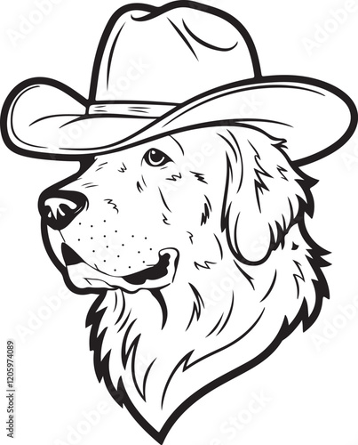 Golden Retriever in Cowboy Hat Line Art silhouette Illustration for Coloring | Line art drawing of a golden retriever dog wearing a cowboy hat, perfect for coloring books or creative projects.