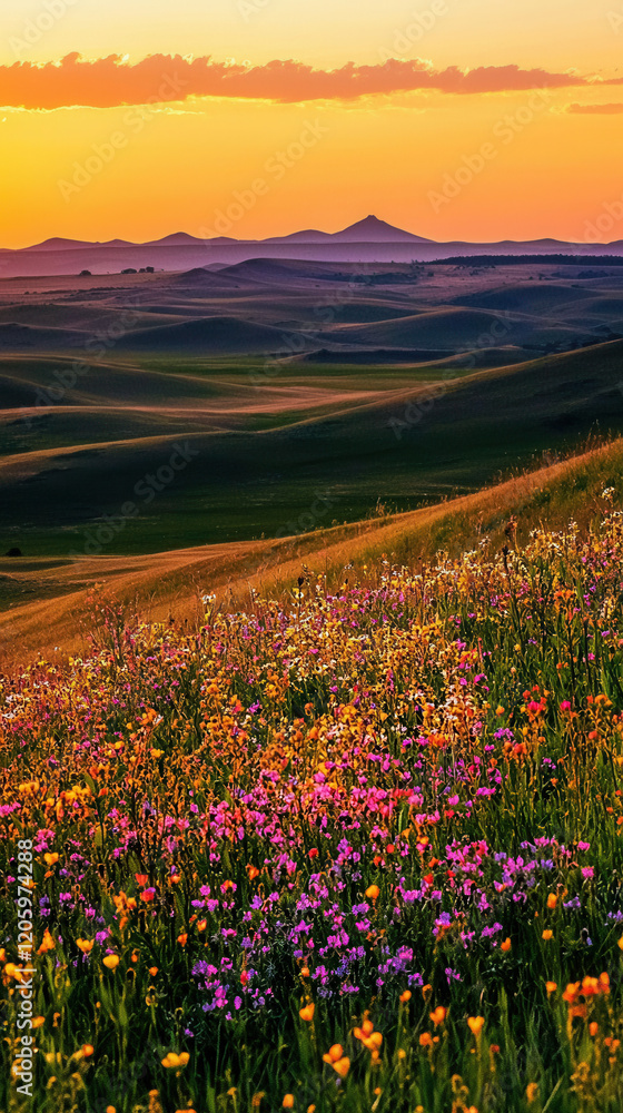 Obraz premium Stunning Sunset Over a Colorful Meadow Landscape