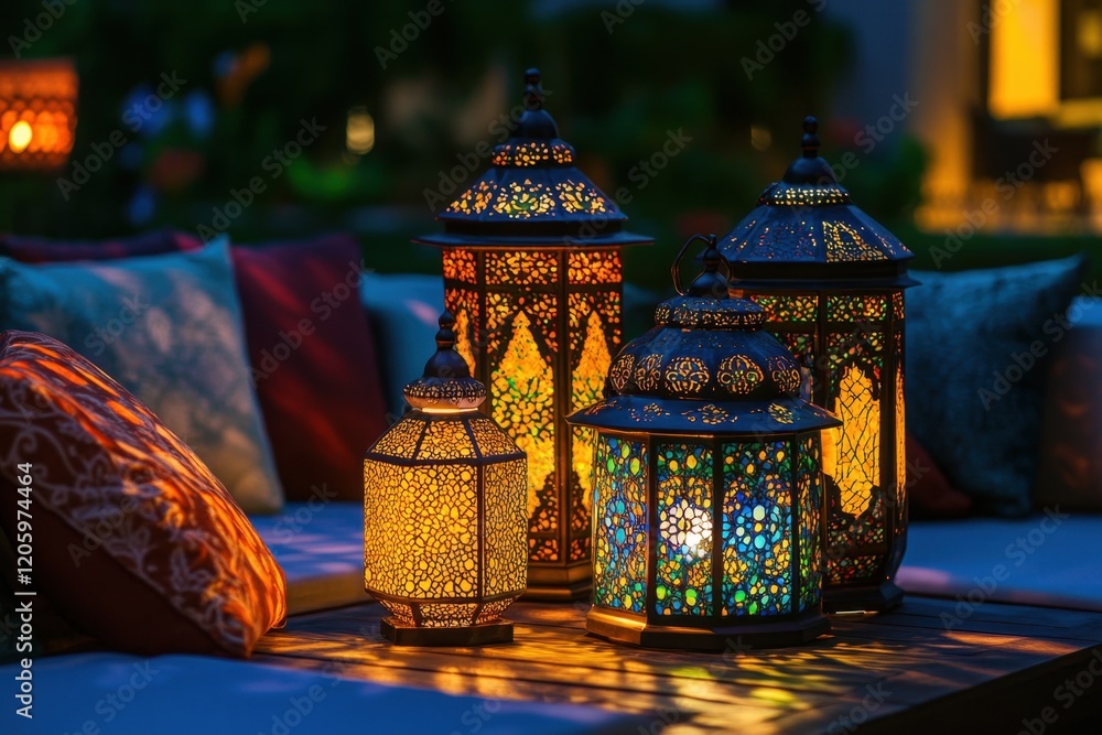Illuminated Ramadan lanterns create a warm, inviting atmosphere in a cozy seating area filled with vibrant colors and intricate patterns during the festive evening Illuminated Ramadan lanterns create a warm, inviting atmosphere in a cozy seating area filled with vibrant colors and intricate patterns during the festive evening