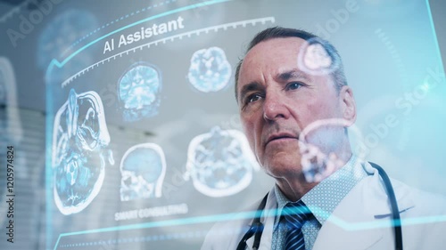 Doctor Analyzing AI-Assisted Brain Scans for Advanced Diagnosis