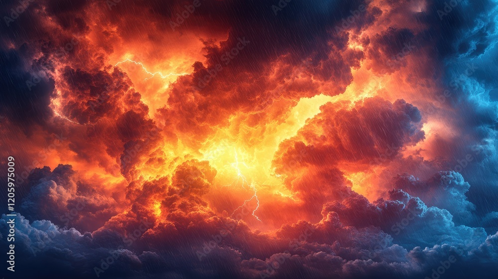 A dramatic sky filled with vibrant orange and red clouds, illuminated by flashes of lightning. A dramatic sky filled with vibrant orange and red clouds, illuminated by flashes of lightning.