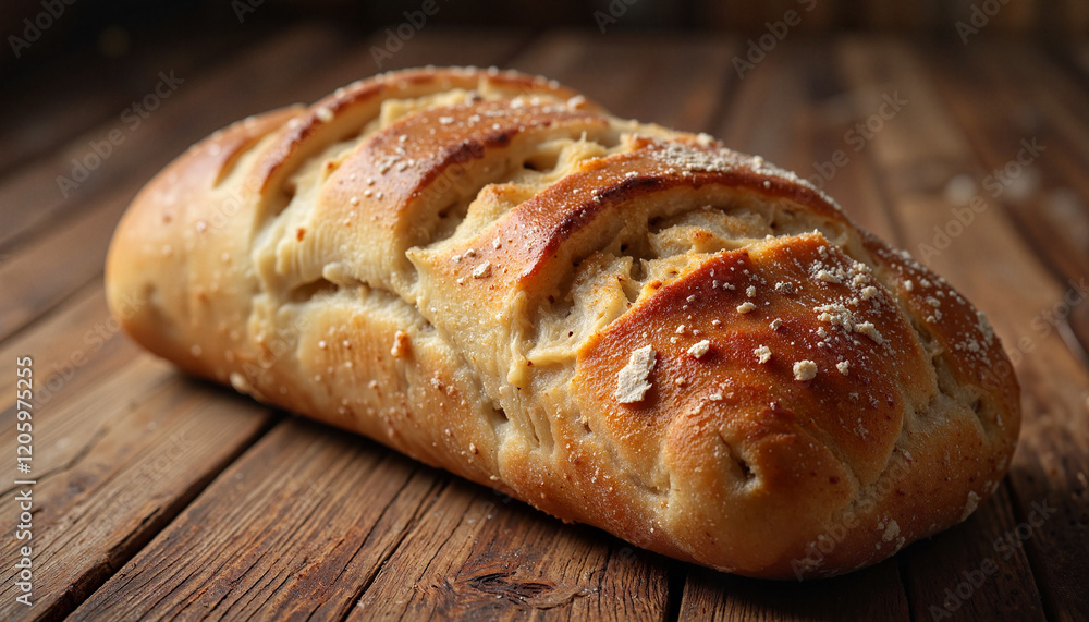 Freshly baked loaf of bread on rustic wooden table Freshly baked loaf of bread on rustic wooden table