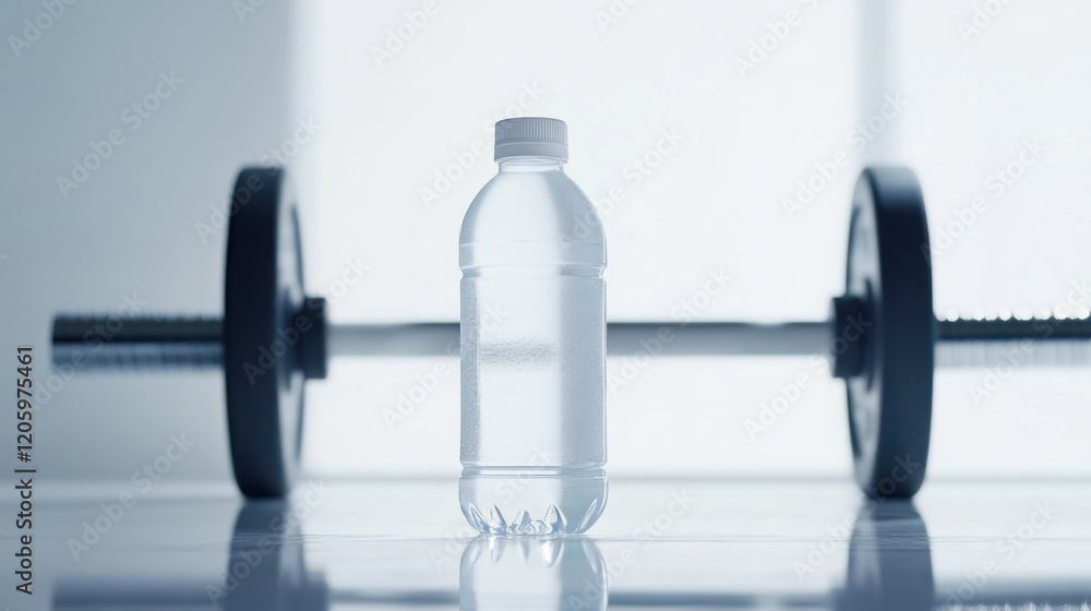 Obraz premium Close up of protein water bottle in gym setting for fitness and hydration concept