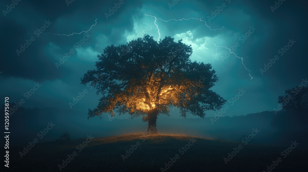 A dramatic tree illuminated against a stormy sky with lightning, creating a mystical atmosphere. A dramatic tree illuminated against a stormy sky with lightning, creating a mystical atmosphere.
