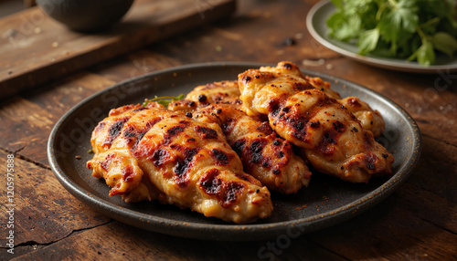 Grilled chicken breasts on dark wooden table