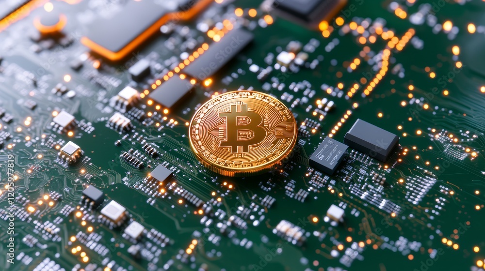 Obraz premium Close-up of bitcoin on circuit board highlighting cryptocurrency and technology