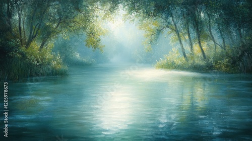 Serene River Scene Amidst Lush Green Forest Trees